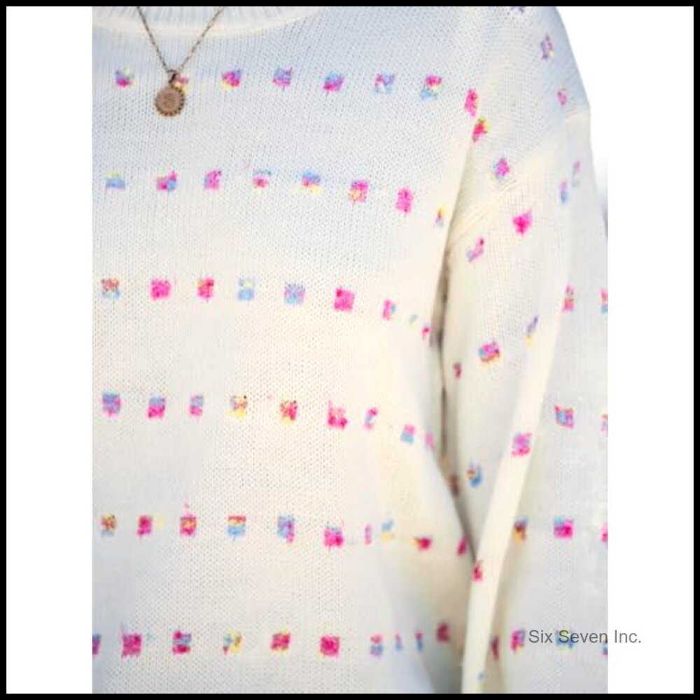 Lightweight Knit Pullover Sweater Rainbow Dot Pattern Crewneck Casual - Picture 3 of 5
